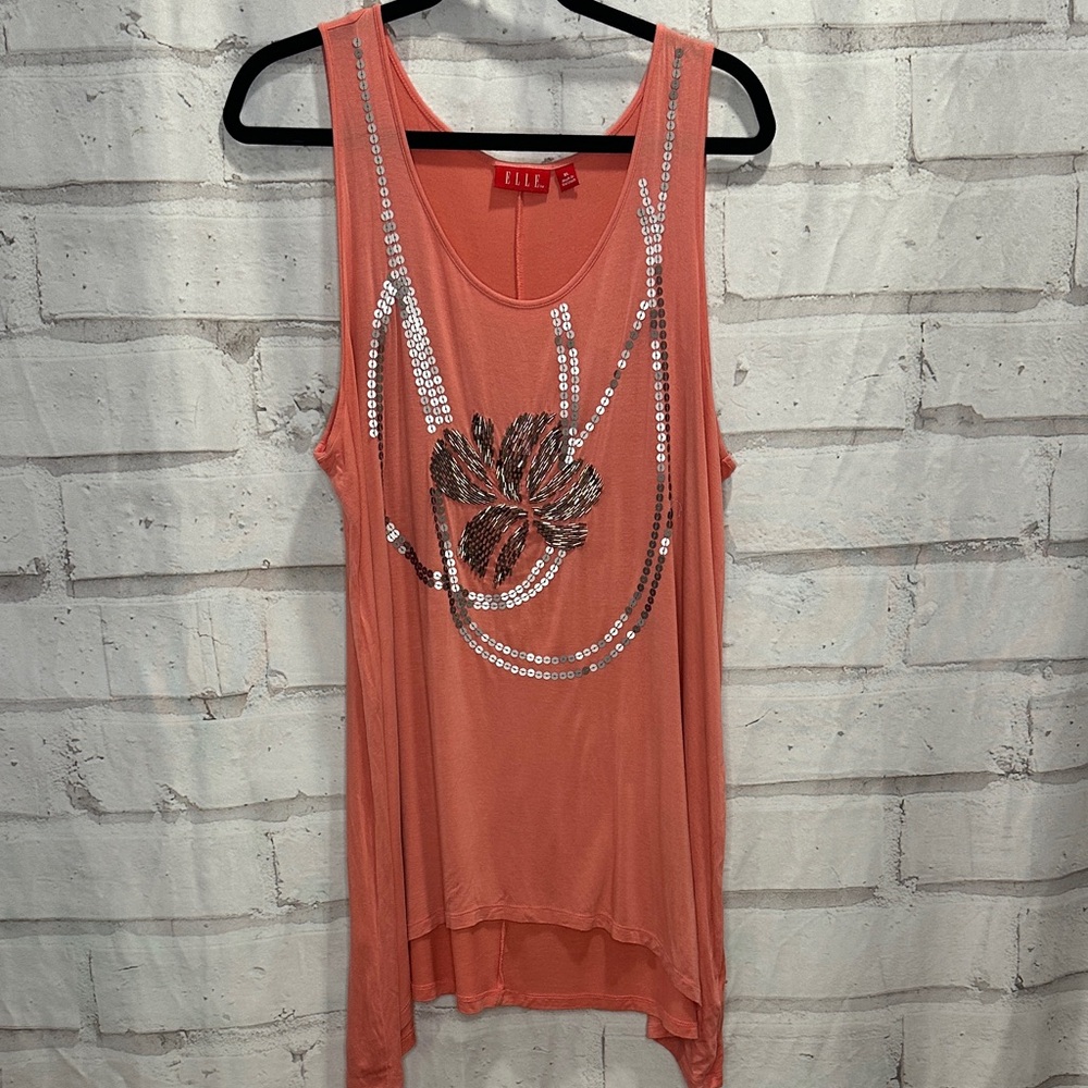 Elle Coral and Silver Embellished Tank Top